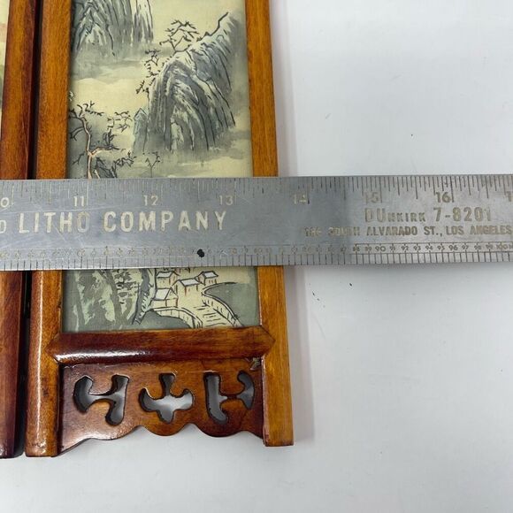 VTG Asian Folding Silk Screen Tabletop Decor Double Sided Mountain Scenes 7" H - Picture 5 of 5